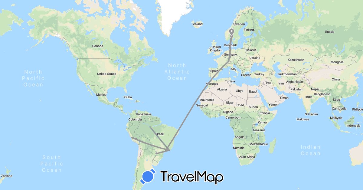 TravelMap itinerary: driving, plane, train, boat in Argentina, Brazil, Switzerland, Norway, Peru, Paraguay (Europe, South America)