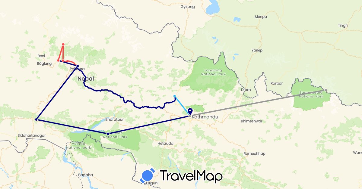 TravelMap itinerary: driving, plane, hiking, boat in Nepal (Asia)